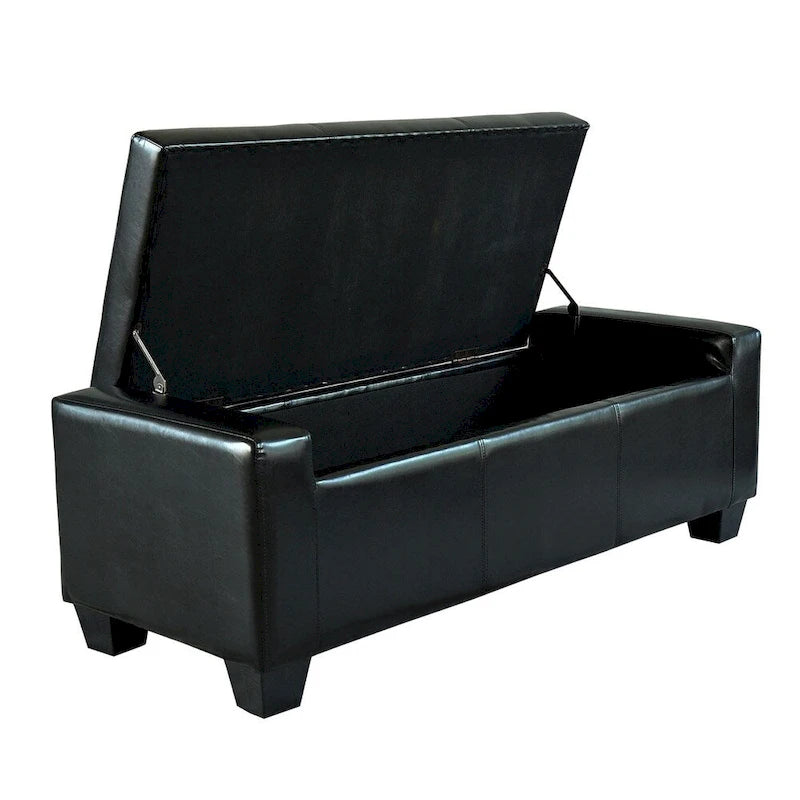 Banc de rangement ottoman capitonné en similicuir noir avec couvercle relevable – 2 places
