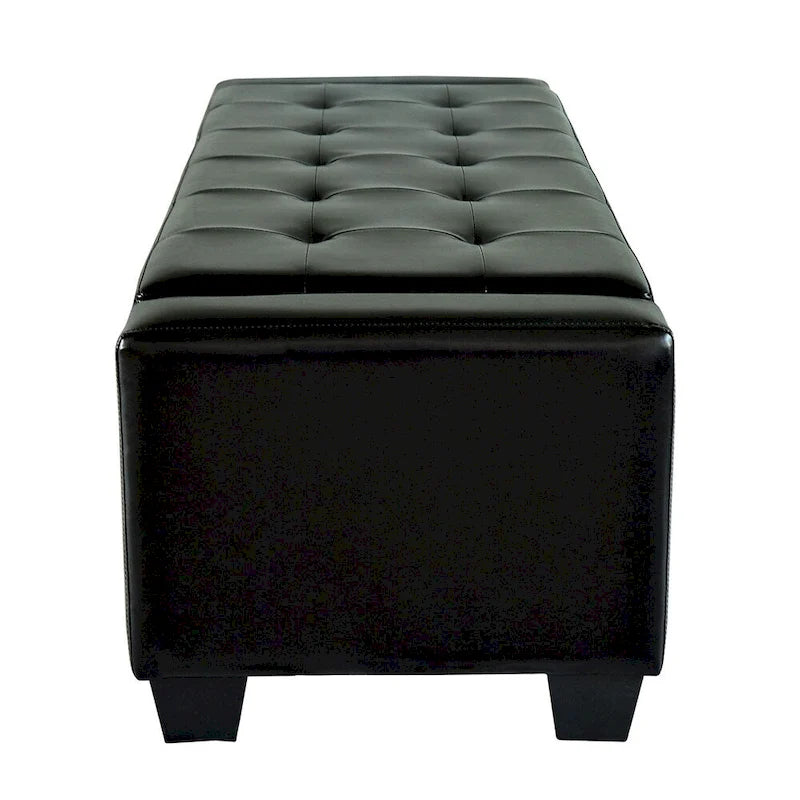 Banc de rangement ottoman capitonné en similicuir noir avec couvercle relevable – 2 places