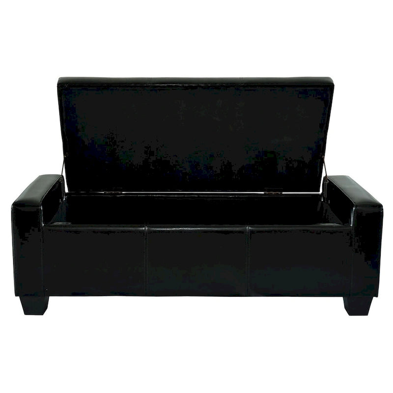 Banc de rangement ottoman capitonné en similicuir noir avec couvercle relevable – 2 places