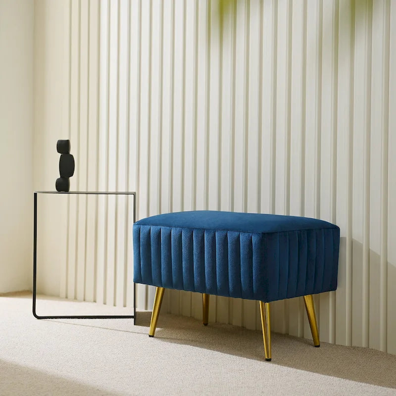 Banc en velours capitonné bleu et or / gris et or avec pieds en métal doré – 1 place