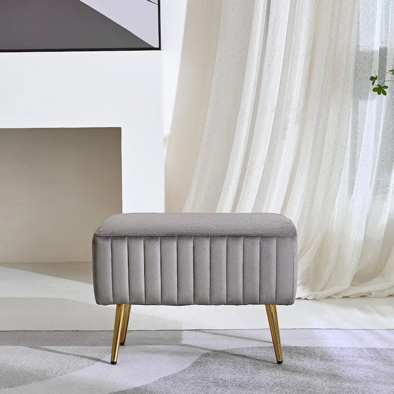 Banc en velours capitonné bleu et or / gris et or avec pieds en métal doré – 1 place