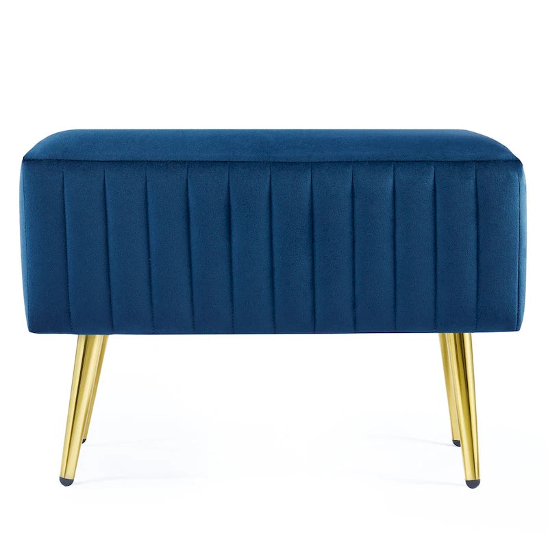 Banc en velours capitonné bleu et or / gris et or avec pieds en métal doré – 1 place