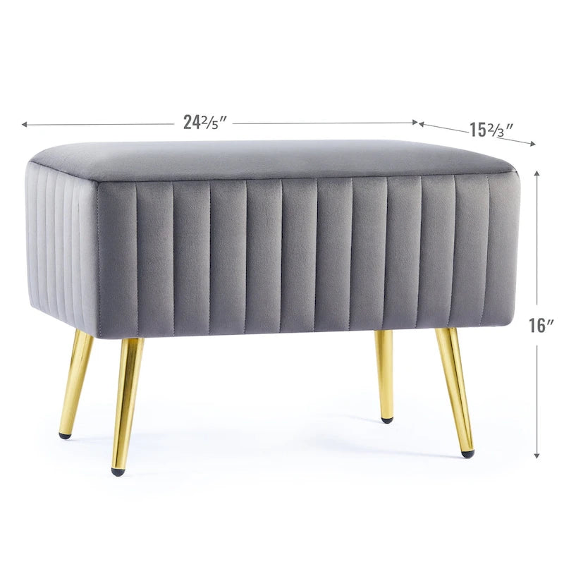 Banc en velours capitonné bleu et or / gris et or avec pieds en métal doré – 1 place