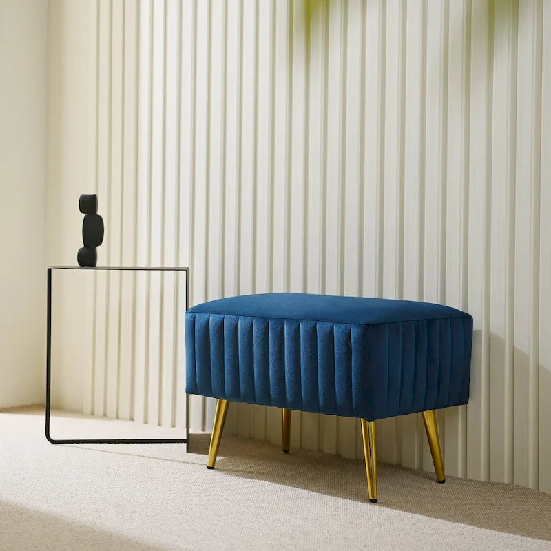 Banc en velours capitonné bleu et or / gris et or avec pieds en métal doré – 1 place
