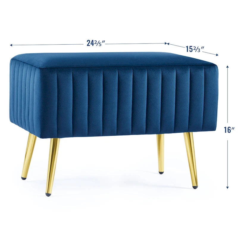 Banc en velours capitonné bleu et or / gris et or avec pieds en métal doré – 1 place