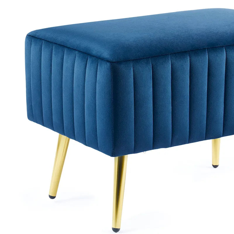 Banc en velours capitonné bleu et or / gris et or avec pieds en métal doré – 1 place
