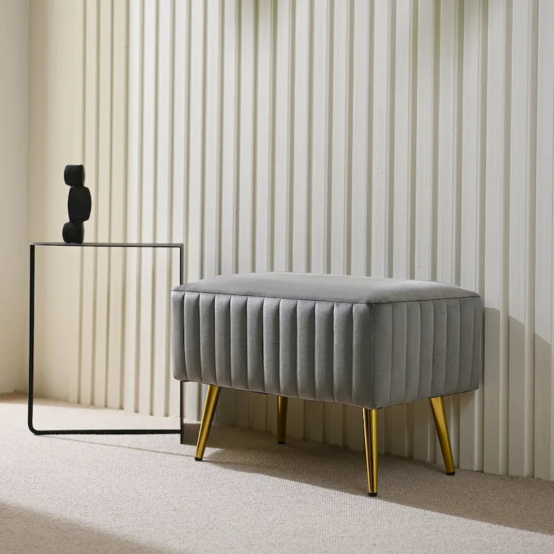 Banc en velours capitonné bleu et or / gris et or avec pieds en métal doré – 1 place