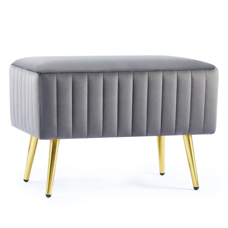 Banc en velours capitonné bleu et or / gris et or avec pieds en métal doré – 1 place