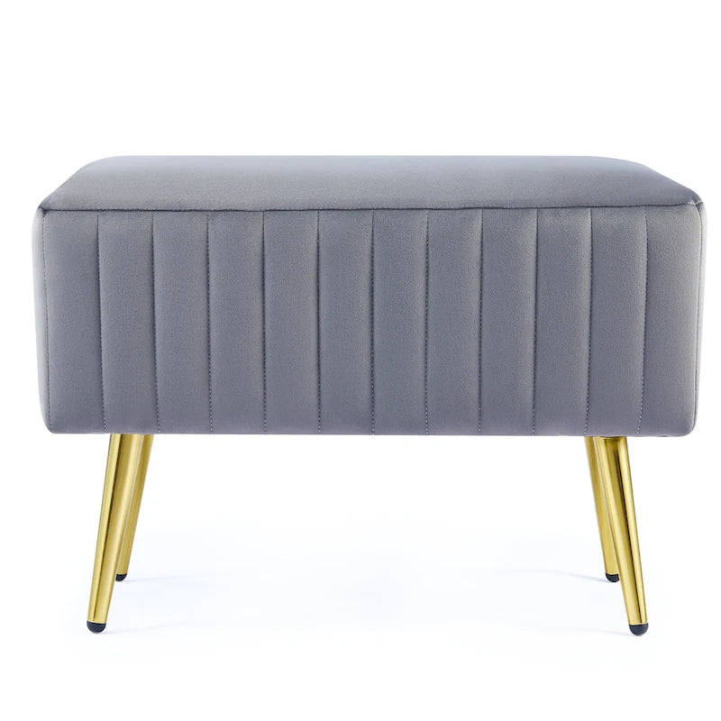 Banc en velours capitonné bleu et or / gris et or avec pieds en métal doré – 1 place