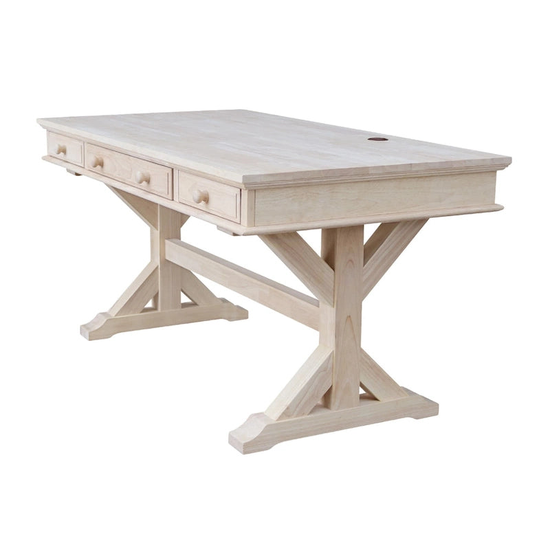 Bureau de direction inachevé en bois d'hévéa massif avec tablette coulissante pour clavier et 2 tiroirs à extension complète – 1 personne