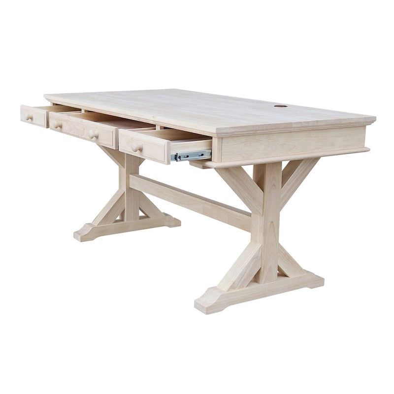 Bureau de direction inachevé en bois d'hévéa massif avec tablette coulissante pour clavier et 2 tiroirs à extension complète – 1 personne