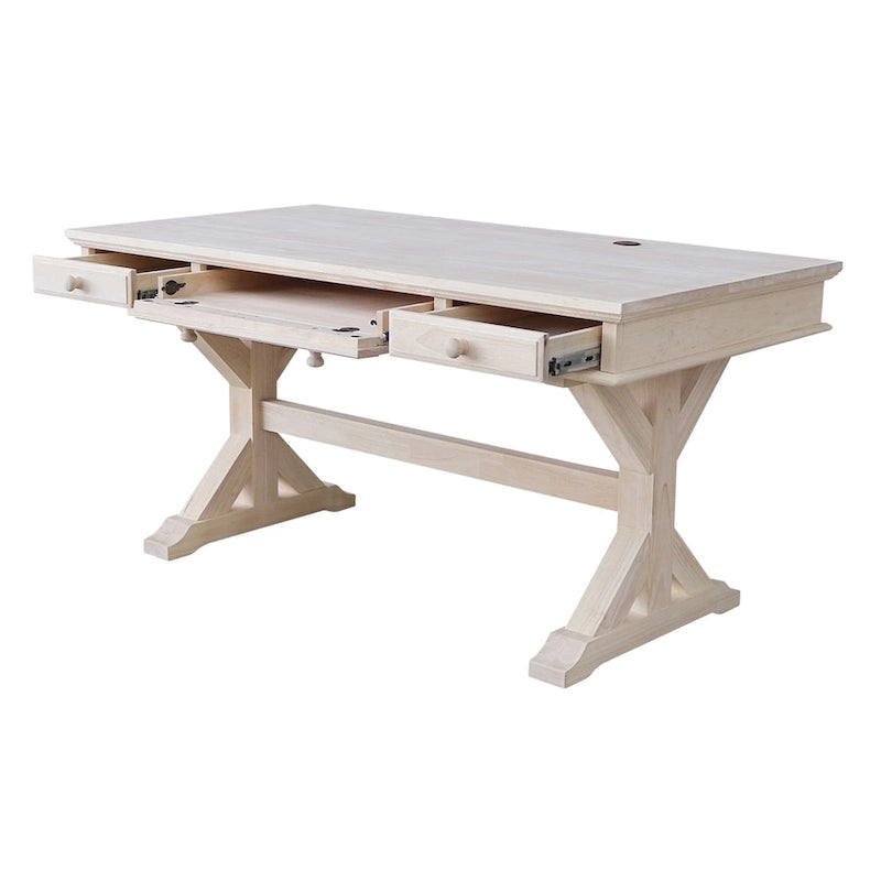Bureau de direction inachevé en bois d'hévéa massif avec tablette coulissante pour clavier et 2 tiroirs à extension complète – 1 personne