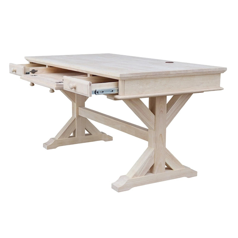 Bureau de direction inachevé en bois d'hévéa massif avec tablette coulissante pour clavier et 2 tiroirs à extension complète – 1 personne