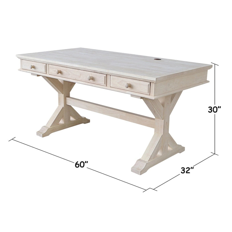 Bureau de direction inachevé en bois d'hévéa massif avec tablette coulissante pour clavier et 2 tiroirs à extension complète – 1 personne