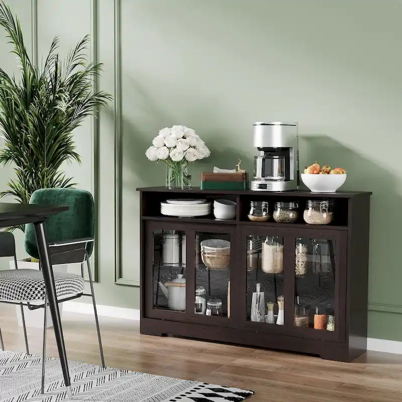 Buffet en bois grain foncé avec portes coulissantes en verre, 2 compartiments ouverts et étagère réglable