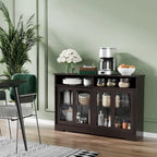Buffet en bois grain foncé avec portes coulissantes en verre, 2 compartiments ouverts et étagère réglable