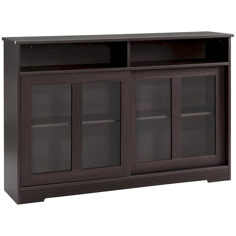 Buffet en bois grain foncé avec portes coulissantes en verre, 2 compartiments ouverts et étagère réglable