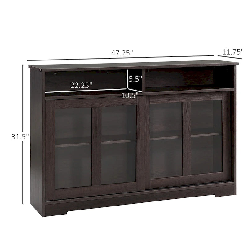 Buffet en bois grain foncé avec portes coulissantes en verre, 2 compartiments ouverts et étagère réglable