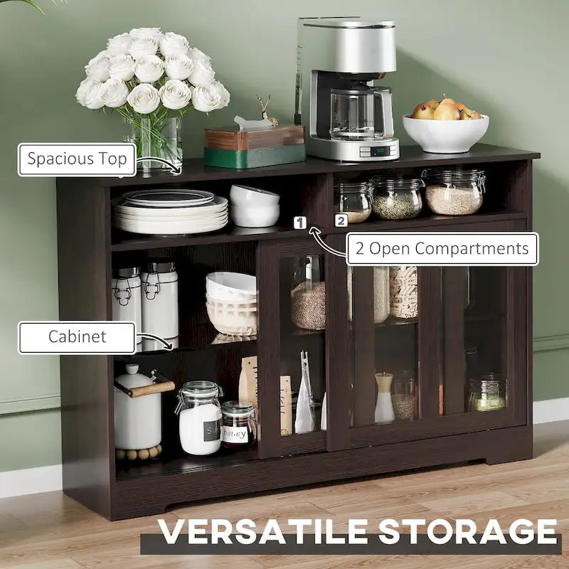 Buffet en bois grain foncé avec portes coulissantes en verre, 2 compartiments ouverts et étagère réglable