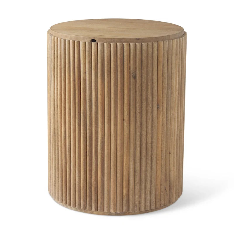 Table d'appoint ronde cannelée en manguier massif brun clair/brun avec plateau relevable de rangement