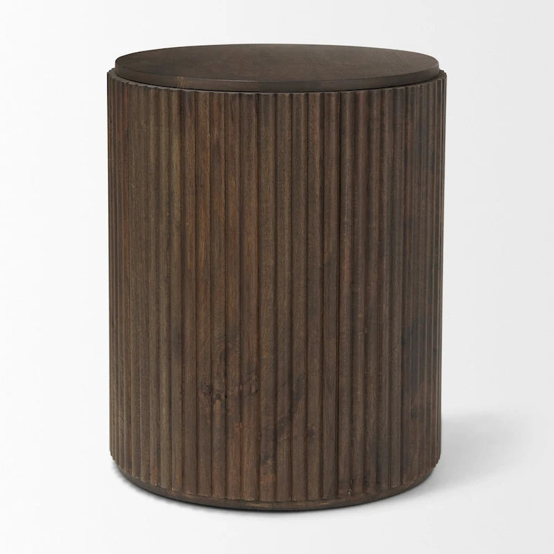 Table d'appoint ronde cannelée en manguier massif brun clair/brun avec plateau relevable de rangement