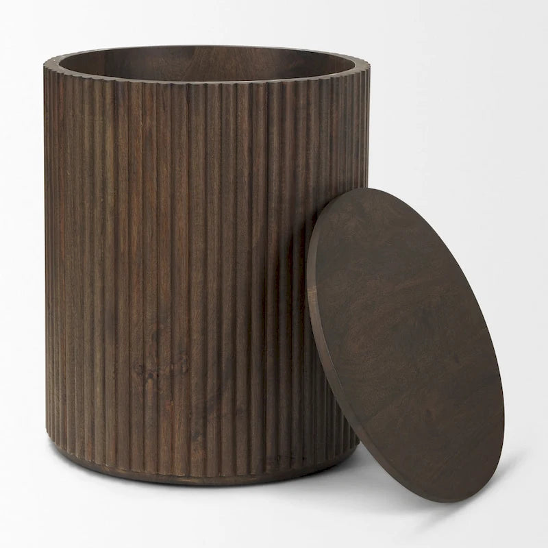 Table d'appoint ronde cannelée en manguier massif brun clair/brun avec plateau relevable de rangement