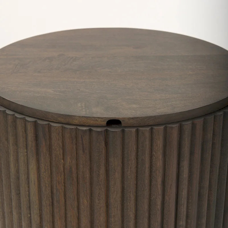 Table d'appoint ronde cannelée en manguier massif brun clair/brun avec plateau relevable de rangement