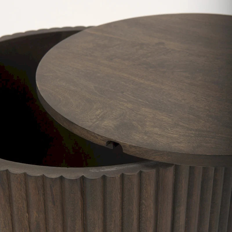 Table d'appoint ronde cannelée en manguier massif brun clair/brun avec plateau relevable de rangement