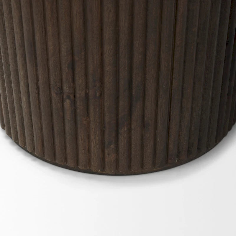 Table d'appoint ronde cannelée en manguier massif brun clair/brun avec plateau relevable de rangement