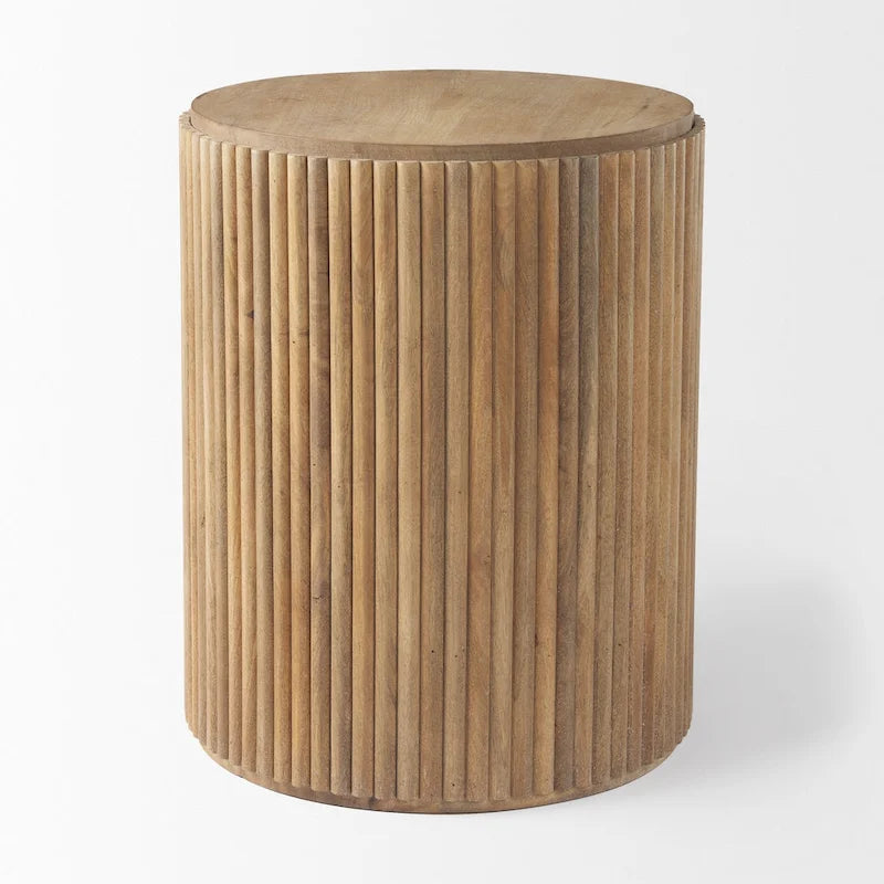 Table d'appoint ronde cannelée en manguier massif brun clair/brun avec plateau relevable de rangement