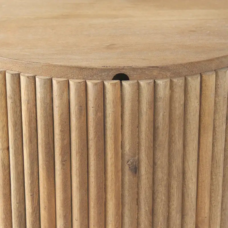 Table d'appoint ronde cannelée en manguier massif brun clair/brun avec plateau relevable de rangement