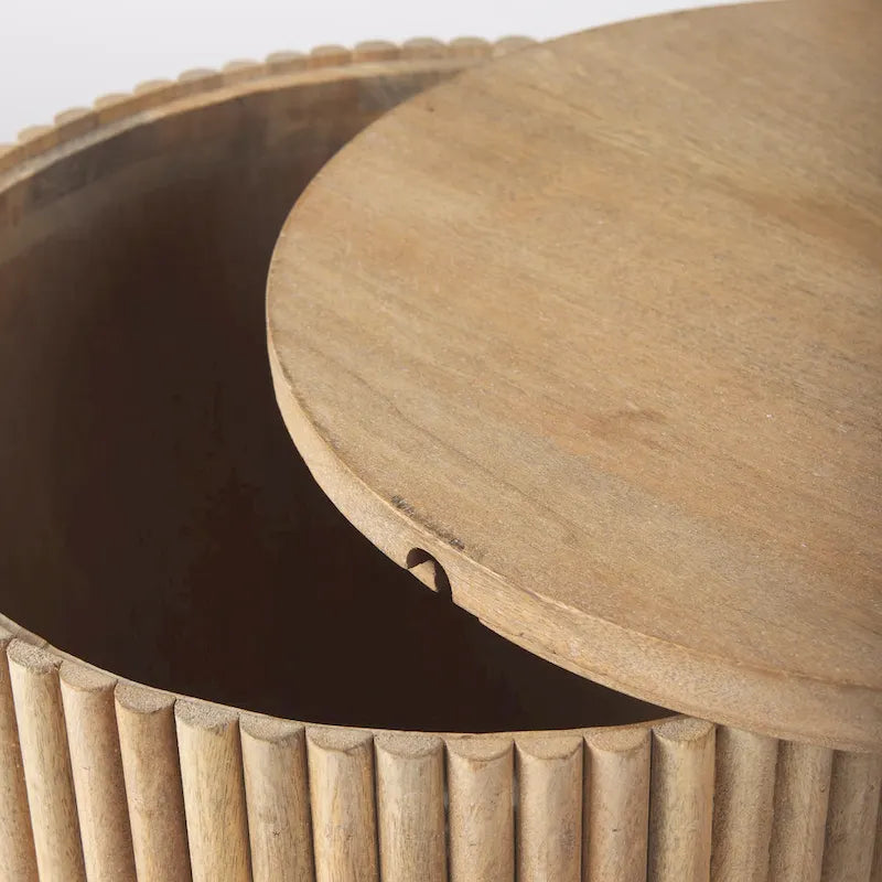 Table d'appoint ronde cannelée en manguier massif brun clair/brun avec plateau relevable de rangement