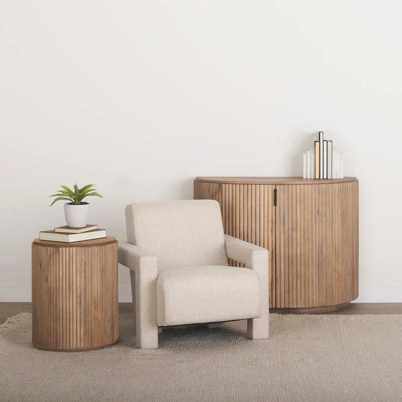 Table d'appoint ronde cannelée en manguier massif brun clair/brun avec plateau relevable de rangement