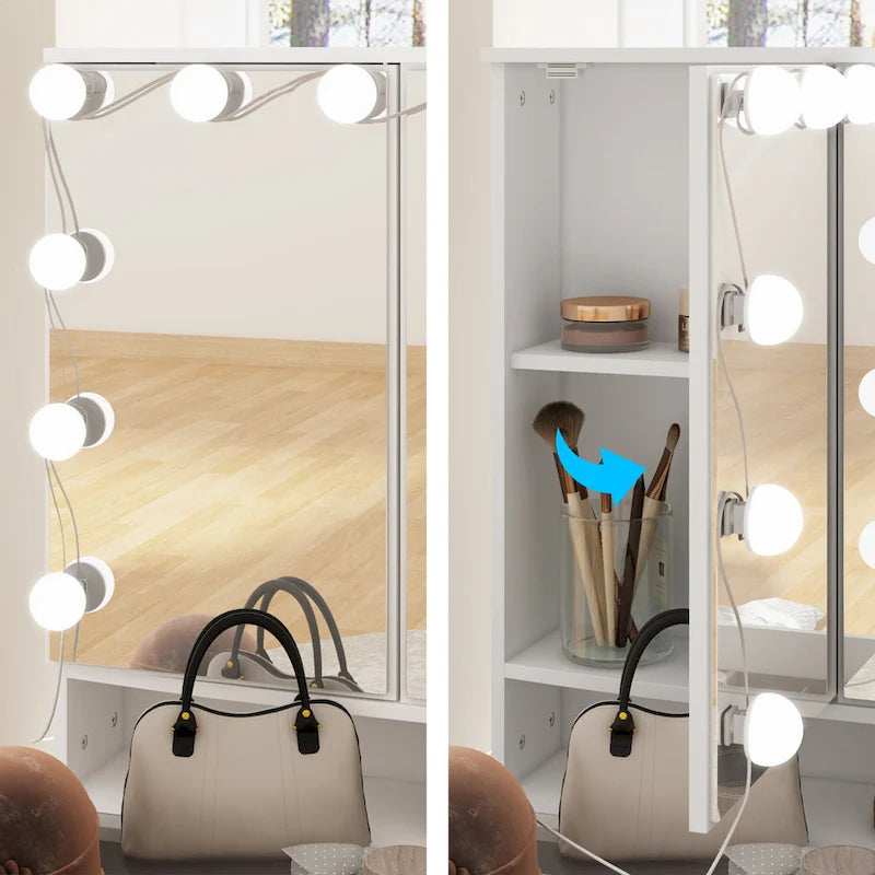 Coiffeuse Maquillage Blanche à Trois Volets avec Éclairage LED et Plateau en Verre – Individuel