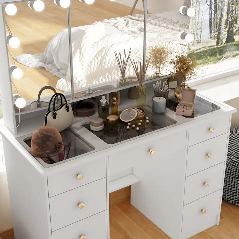 Coiffeuse Maquillage Blanche à Trois Volets avec Éclairage LED et Plateau en Verre – Individuel