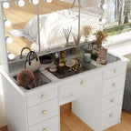 Coiffeuse Maquillage Blanche à Trois Volets avec Éclairage LED et Plateau en Verre – Individuel