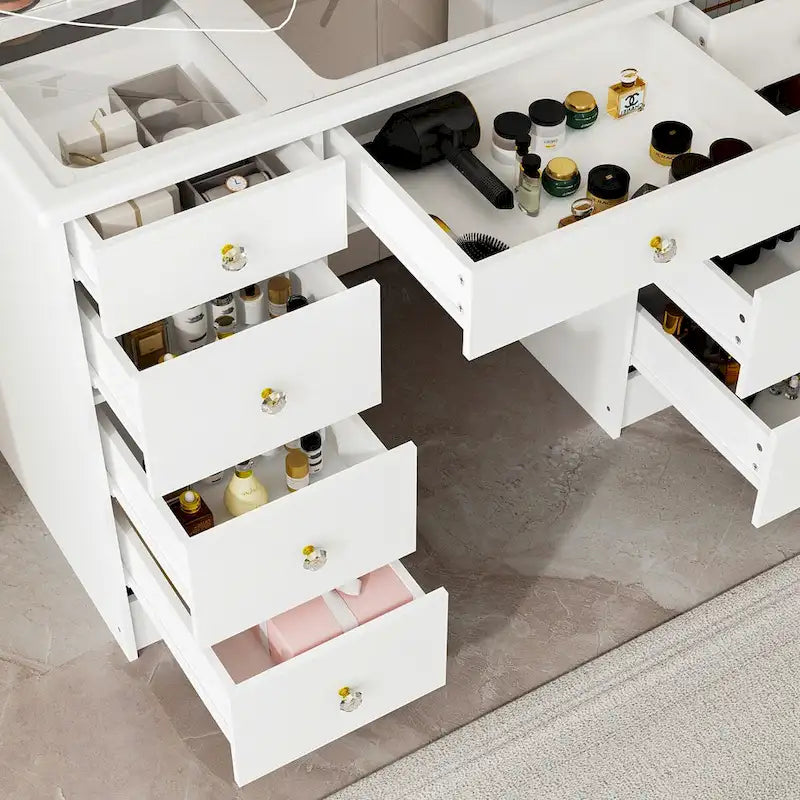Coiffeuse Maquillage Blanche à Trois Volets avec Éclairage LED et Plateau en Verre – Individuel