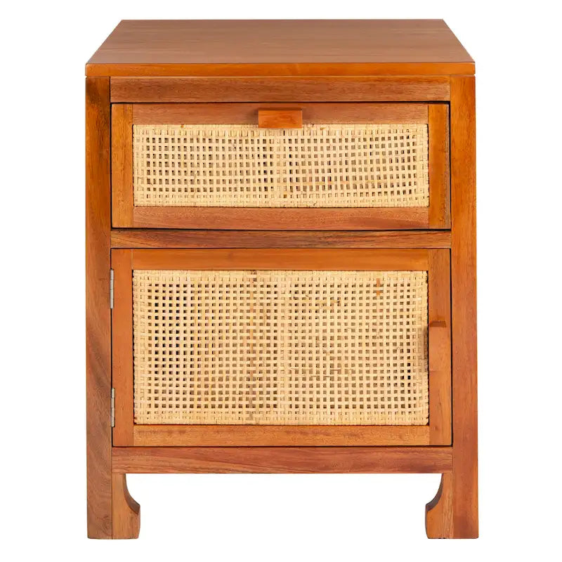 Table de chevet côtière en rotin et bois de mindi avec 1 tiroir et 1 porte, coloris Naturel / Blanc / Gris Bleu / Noir