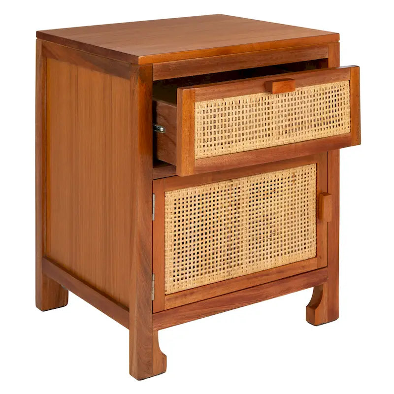 Table de chevet côtière en rotin et bois de mindi avec 1 tiroir et 1 porte, coloris Naturel / Blanc / Gris Bleu / Noir