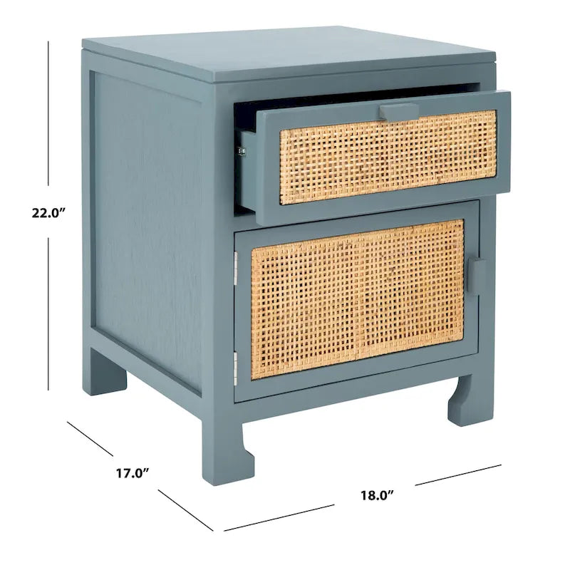 Table de chevet côtière en rotin et bois de mindi avec 1 tiroir et 1 porte, coloris Naturel / Blanc / Gris Bleu / Noir