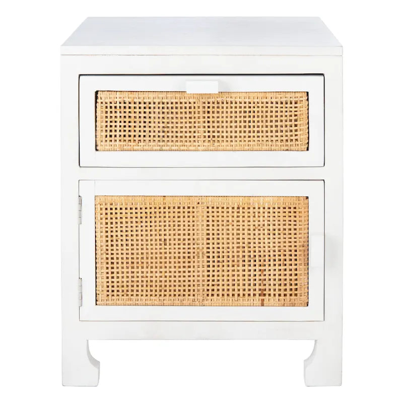 Table de chevet côtière en rotin et bois de mindi avec 1 tiroir et 1 porte, coloris Naturel / Blanc / Gris Bleu / Noir