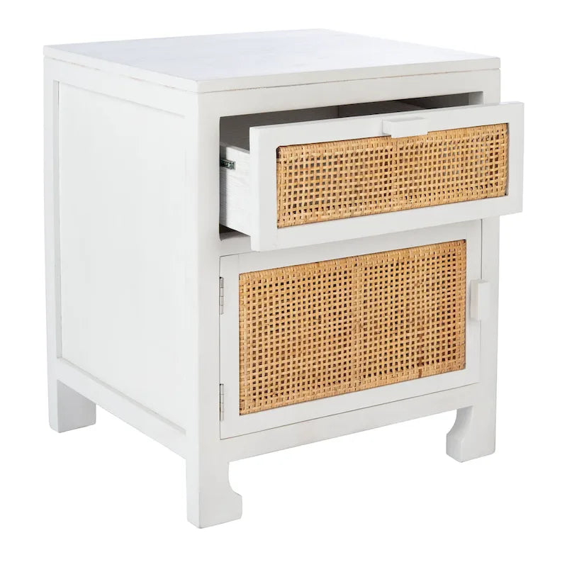 Table de chevet côtière en rotin et bois de mindi avec 1 tiroir et 1 porte, coloris Naturel / Blanc / Gris Bleu / Noir