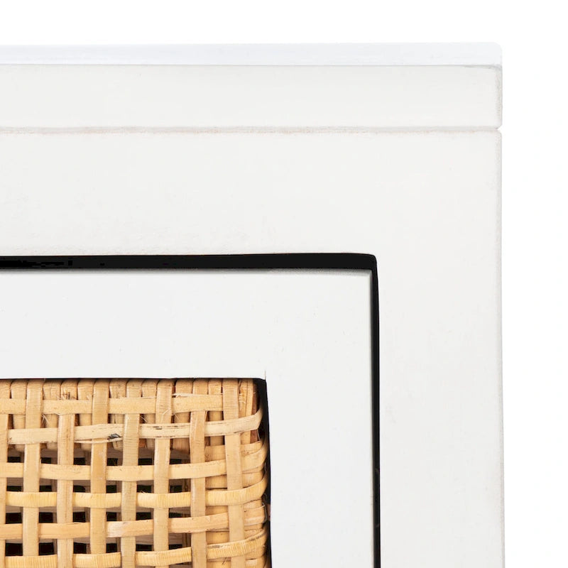 Table de chevet côtière en rotin et bois de mindi avec 1 tiroir et 1 porte, coloris Naturel / Blanc / Gris Bleu / Noir