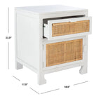 Table de chevet côtière en rotin et bois de mindi avec 1 tiroir et 1 porte, coloris Naturel / Blanc / Gris Bleu / Noir
