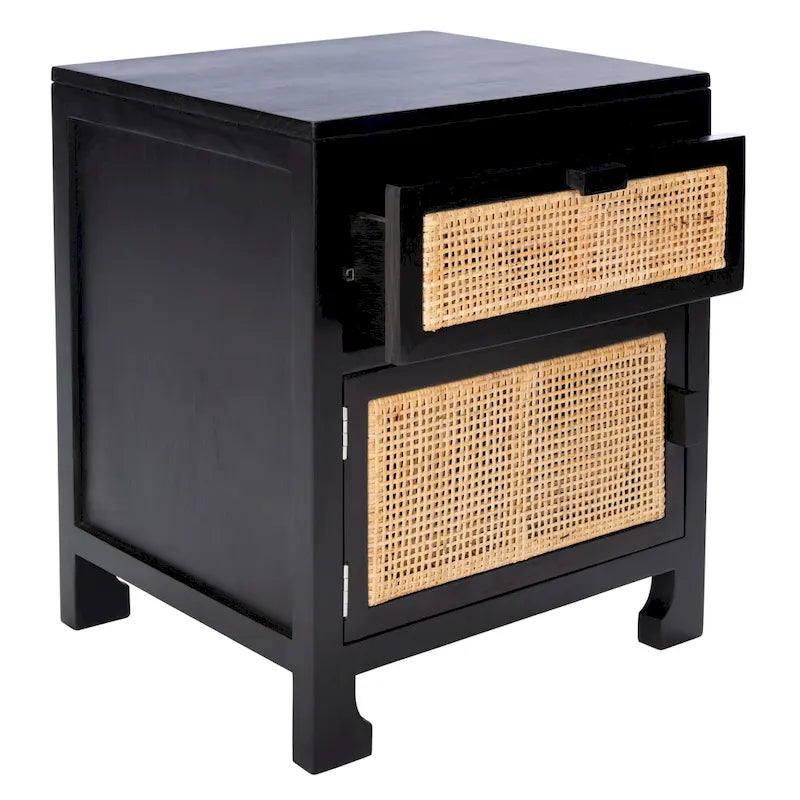 Table de chevet côtière en rotin et bois de mindi avec 1 tiroir et 1 porte, coloris Naturel / Blanc / Gris Bleu / Noir