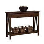 Console de canapé 2 tiroirs avec étagère de rangement, coloris tabac antique marron
