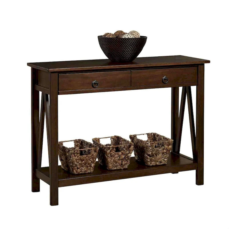 Console de canapé 2 tiroirs avec étagère de rangement, coloris tabac antique marron