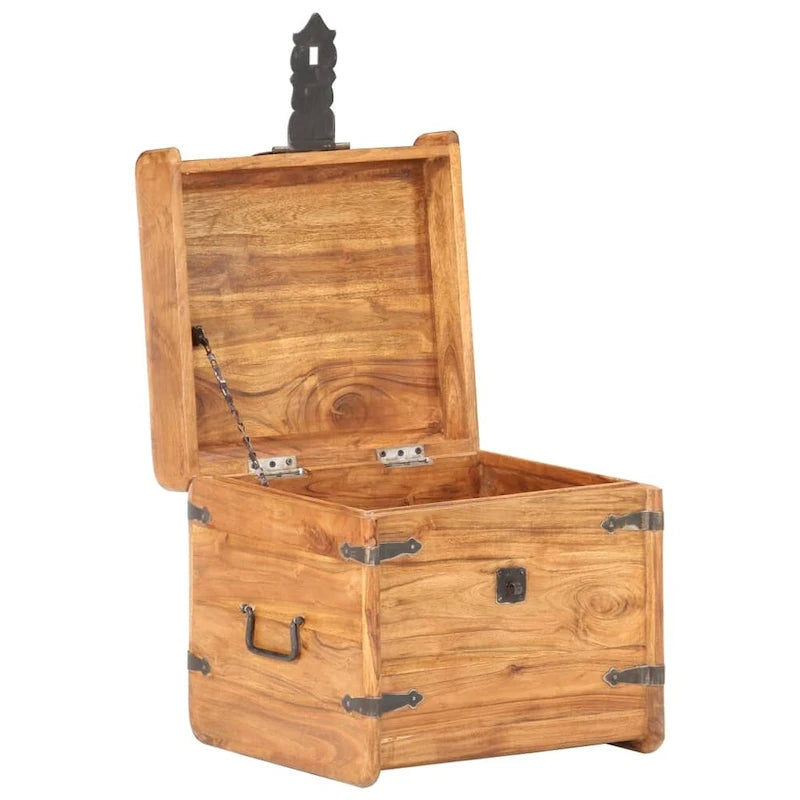 Coffre de rangement en bois massif d'acacia naturel brun verrouillable avec loquet avant, poignées latérales et couvercle plat