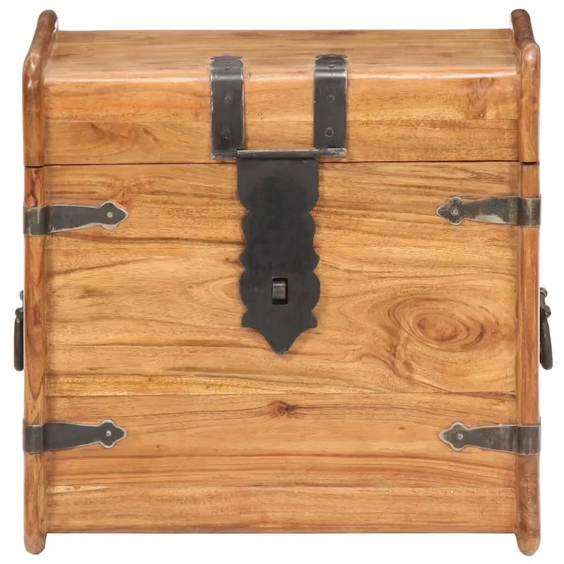 Coffre de rangement en bois massif d'acacia naturel brun verrouillable avec loquet avant, poignées latérales et couvercle plat