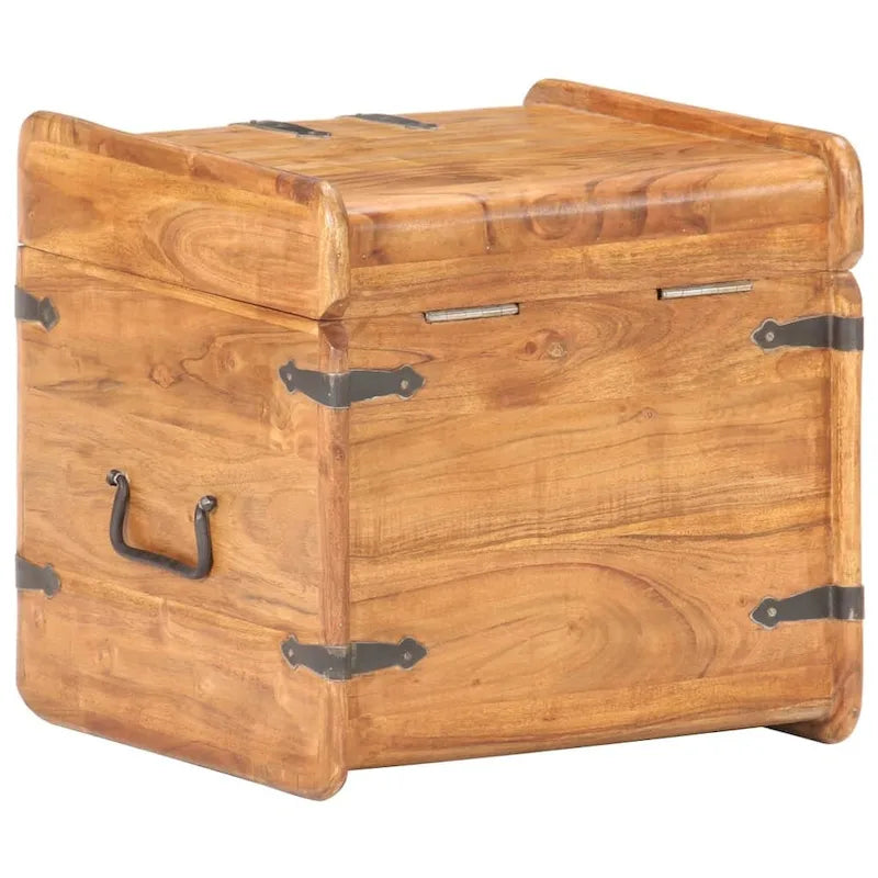 Coffre de rangement en bois massif d'acacia naturel brun verrouillable avec loquet avant, poignées latérales et couvercle plat